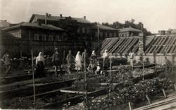 А.Б. Рудобельский (3-й слева) с работниками своего садоводства.  г. Вятка.                1910-е гг. (Ф. Р-6983. Оп. 2. Д. 47)